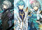  ahoge ainchase_ishmael apostasia_(elsword) aqua_eyes aqua_hair arm_at_side arme_thaumaturgy_(elsword) bangs belly_peek black_gloves blue_eyes bluhen_(elsword) character_name closed_mouth column_lineup commentary copyright_name elsword eyebrows_visible_through_hair eyelashes facial_mark fingerless_gloves fringe_trim frown gloves glowing gold_trim green_eyes grey_hair hair_between_eyes half-closed_eyes holding jacket jewelry light_particles long_hair long_sleeves looking_at_viewer looking_away magic_circle male_focus multicolored_hair multiple_boys orb outstretched_hand parted_lips pika_(kai9464) profile purple_hair romaji_commentary smile spread_fingers standing streaked_hair upper_body vest watermark web_address white_gloves white_jacket white_vest 