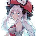  :d blue_eyes blush detached_sleeves fate/grand_order fate_(series) from_side hair_between_eyes hat head_tilt highres long_hair looking_at_viewer marie_antoinette_(fate/grand_order) open_mouth red_hat shiny shiny_skin silver_hair simple_background smile solo sudach_koppe twintails very_long_hair white_background 