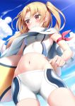  absurdres arm_ribbon ass_visible_through_thighs azur_lane bike_shorts blonde_hair blue_sky blush cleveland_(azur_lane) cloud commentary_request day from_below highres holding_surfboard long_hair midriff navel nedia_(nedia_region) red_eyes red_ribbon ribbon shorts sky sleeveless smile solo standing surfboard tank_top white_shorts white_tank_top 