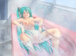  00s 1girl aqua_hair areolae barefoot bath bathing bathroom bathtub blush breasts drooling eyes_closed hatsune_miku indoors kazu-chan long_hair medium_breasts nipples nude open_mouth partially_submerged pussy reflection relaxed saliva smile solo towel towel_on_head twintails uncensored vocaloid water window 