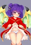  1girl bare_legs bow bow_panties dragon_girl dragon_wings dress dress_lift embarrassed eyebrows_visible_through_hair female fire_emblem fire_emblem_heroes gluteal_fold lifted_by_self looking_away myrrh navel purple_hair red_bow red_dress red_eyes simple_background solo thigh_gap tokoya_(ex-hetare) white_panties wings 