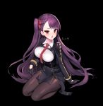  andante bangs black_legwear braid breasts commission framed_breasts full_body girls_frontline long_hair looking_at_viewer open_mouth pantyhose purple_hair red_eyes side_ponytail signature sitting thighband_pantyhose wa2000_(girls_frontline) 