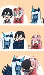  001_(darling_in_the_franxx) 1boy 2girls 3koma :t bangs black_hair blank_eyes blue_eyes blue_horns blue_skin blush_stickers chinese_commentary closed_eyes comic commentary_request couple darling_in_the_franxx english_commentary eyebrows_visible_through_hair facial_scar flower green_eyes hair_flower hair_ornament hairband hand_on_another's_face hand_on_another's_shoulder heart heater hetero highres hiro_(darling_in_the_franxx) horns hug jealous light_blue_hair long_hair long_sleeves looking_at_another mato_(mozu_hayanie)_(style) military military_uniform multiple_girls musical_note necktie netorare oni_horns orange_neckwear parody pink_hair pout red_horns red_neckwear scar silent_comic spoilers spoken_musical_note style_parody sweat tashidraw tentacles uniform white_hairband zero_two_(darling_in_the_franxx) 