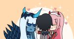  1boy 1koma 2girls :t bangs black_hair blue_eyes blue_horns blue_skin blush_stickers chinese_commentary closed_eyes comic commentary_request couple darling_in_the_franxx english_commentary facial_scar hair_ornament hairband hand_on_another's_face hand_on_another's_shoulder heart heater hetero hiro_(darling_in_the_franxx) horns hug light_blue_hair long_hair long_sleeves military military_uniform multiple_girls necktie oni_horns orange_neckwear pink_hair red_horns scar spoilers tashidraw tentacles uniform white_hairband zero_two_(darling_in_the_franxx) 