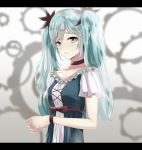  blue_eyes blue_hair blush choker collarbone crying crying_with_eyes_open eyebrows_visible_through_hair hair_ornament hatsune_miku ka1se1 karakuri_pierrot_(vocaloid) long_hair looking_at_viewer parted_lips purple_ribbon ribbon short_sleeves solo tears twintails upper_body vocaloid wrist_ribbon 