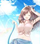  ;d akisaka_yamoka blue_bow blue_skirt blue_sky bow breasts brown_eyes brown_hair day eyebrows_visible_through_hair front-tie_top hair_bow hand_over_face highres holding_hose hose idolmaster idolmaster_shiny_colors large_breasts looking_at_viewer midriff navel one_eye_closed open_mouth outdoors pink_shirt sarong shirt skirt sky smile solo tied_shirt tsukioka_kogane water 