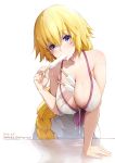  arm_support blonde_hair blue_eyes blush braid breasts cleavage commentary_request cosplay dated dress dress_swimsuit eyebrows_visible_through_hair fate/apocrypha fate/grand_order fate_(series) food food_between_breasts food_in_mouth jeanne_d'arc_(fate) jeanne_d'arc_(fate)_(all) large_breasts leaning_forward long_braid long_hair looking_at_viewer mash_kyrielight mash_kyrielight_(cosplay) messy mine_(wizard) popsicle revision simple_background single_braid sleeveless sleeveless_dress solo swimsuit swimsuit_of_perpetual_summer twitter_username very_long_hair wet white_background white_swimsuit 
