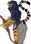  2018 anthro arrow bottomless bow breasts butt clothed clothing feline female fur hood kung_fu_panda looking_at_viewer looking_back mammal master_tigress multicolored_skin nipples presenting presenting_hindquarters pussy side_boob solo striped_fur stripes tiger vermintide yawg 