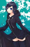  black_coat black_coat_(kingdom_hearts) black_gloves black_hair black_legwear blue_eyes blush coat collarbone gloves hood ibuki_hitona kingdom_hearts kingdom_hearts_358/2_days lifted_by_self long_sleeves looking_at_viewer organization_xiii short_hair solo thighhighs xion_(kingdom_hearts) zettai_ryouiki zipper zipper_pull_tab 