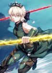  artoria_pendragon_(all) artoria_pendragon_(swimsuit_rider_alter) bangs bare_shoulders belt black_bow blonde_hair blue_background bow braid breasts commentary_request cosplay elbow_gloves fal fate/grand_order fate/zero fate_(series) french_braid gae_buidhe gae_dearg gloves green_gloves green_pants grin hair_bow highres jewelry lancer_(fate/zero) lancer_(fate/zero)_(cosplay) medium_breasts necklace pants polearm saber_alter smile spear tiara weapon yellow_eyes 