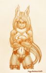  1girl animal_ears black_boots black_eyesbrows blood blush bodysuit boku_no_hero_academia bunny_ears copyright_name crossed_arms dark_skin fur_collar gloves leotard long_hair miruko_(boku_no_hero_academia) muscle muscular_arms muscular_female muscular_legs smile solo thighs white_gloves white_leotard 