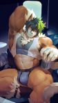  2018 abs anthro bulge canine chair clothed clothing fur green_eyes green_hair hair holding_object jockstrap looking_at_viewer male mammal muscular muscular_male null-ghost shirt sitting sollyz spread_legs spreading tank_top underwear 