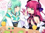  7dango7 bangs bare_shoulders blue_eyes blush breasts candy carcassonne commentary curled_horns dragon_girl dragon_horns elizabeth_bathory_(fate) elizabeth_bathory_(fate)_(all) eyebrows_visible_through_hair fate/grand_order fate_(series) feeding flat_chest food green_hair hair_ornament heart horns japanese_clothes kimono kiyohime_(fate/grand_order) lamia large_breasts long_hair monster_girl multiple_girls multiple_horns open_mouth pink_hair pocky pointy_ears short_hair small_breasts smile translated white_background yellow_eyes yuri 