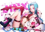  :p bare_shoulders belt bibico-atelier blue_hair boots bra breasts bullet forehead full_body gloves jinx_(league_of_legends) league_of_legends long_hair looking_at_viewer lying mismatched_footwear mismatched_legwear navel on_back pink_eyes pointing pointing_at_self short_shorts shorts small_breasts tongue tongue_out underwear 