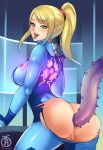 1girl anal artist_name ass ass_cutout blonde_hair eyebrows_visible_through_hair from_behind green_eyes gun lips looking_back metroid monster nintendo open_mouth ponytail pussy revolverwingstudios samus_aran solo tentacle tongue_out uncensored weapon zero_suit 