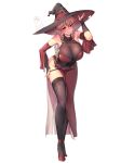  arm_up bare_shoulders belt black_legwear blush breasts bridal_gauntlets brown_hair cleavage dated detached_sleeves hat large_breasts leaning_forward legs long_hair looking_at_viewer original pointy_ears red_eyes simple_background smile solo standing suerte thighhighs thighs white_background witch witch_hat 