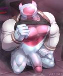  2018 anthro barazoku clothed clothing humanoid_penis kneeling looking_up male marine muscular muscular_male nintendo outside partially_clothed pecs penis precum sea_angel solo splatoon splatoon_2 twilight undressing video_games wolfconfnsfw 
