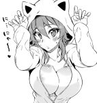  animal_ears animal_hood blush_stickers breasts cat_ears cleavage commentary_request greyscale hood hoodie kusanagi_tonbo large_breasts monochrome original solo 