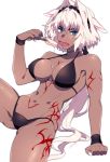  animal_ears bangs bare_shoulders bikini black_bikini blue_eyes breasts caenis_(fate) cleavage collarbone commentary_request dark_skin dog_tags eyebrows_visible_through_hair fate/grand_order fate_(series) food hair_intakes hairband highres holding jewelry karasumaru large_breasts licking long_hair looking_at_viewer nail_polish navel open_mouth popsicle reclining simple_background solo sweatband swimsuit tattoo tongue tongue_out white_background white_hair white_nails wristband 