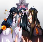  ahoge ara_han armor asura_(elsword) backless_outfit bent_over black_dress black_hair blush bow braid dark_skin dress elbow_gloves elsword gloves grin hair_bow hair_ornament highres long_hair multiple_girls multiple_persona open_mouth pinyshi ran_(elsword) ribbon sakra_devanam_(elsword) smile sweatdrop very_long_hair white_dress yama_raja_(elsword) yellow_eyes 