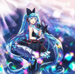  :d absurdly_long_hair black_bow black_footwear black_skirt blue_bow blue_eyes blue_hair blue_ribbon boots bow eyebrows_visible_through_hair floating_hair from_side gloves grey_gloves hair_between_eyes hair_bow hatsune_miku holding_microphone_stand layered_skirt long_hair magical_mirai_(vocaloid) open_mouth parnasso ribbon shirt signature skirt sleeveless sleeveless_shirt smile solo standing striped thigh_boots thighhighs twintails vertical-striped_skirt vertical_stripes very_long_hair vocaloid white_legwear white_shirt 
