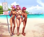  2018 aged_up alternate_species areola beach breasts dark_skin darkhazard digital_media_(artwork) english_text eyewear feathered_wings feathers female fluttershy_(mlp) friendship_is_magic group hair hi_res humanoid humanoidized long_hair looking_at_viewer multicolored_hair my_little_pony navel nipples not_furry one_eye_closed outside pink_hair pubes pussy rainbow_dash_(mlp) scootaloo_(mlp) seaside sign sunglasses text v_sign winged_humanoid wings 