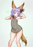  animal_ears armlet armpits arms_up braid brown_gloves commentary_request dog_ears dog_tail dress elin_(tera) gloves grey_dress hair_intakes highres kumehara_chiyota legs long_hair open_mouth purple_eyes purple_hair short_dress solo tail tera_online thighs twin_braids twintails 