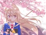  blonde_hair blush book cherry_blossoms commentary_request crossed_arms eyebrows_visible_through_hair highres holding holding_book long_hair looking_to_the_side necktie outdoors petals pink_eyes red_neckwear sakura-sou_no_pet_na_kanojo sasatabekung school_uniform self_upload shiina_mashiro sideways_glance solo upper_body wind 