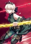  artoria_pendragon_(all) artoria_pendragon_(swimsuit_rider_alter) bangs bare_shoulders belt black_bow blonde_hair bow braid breasts cosplay elbow_gloves fal fate/grand_order fate/zero fate_(series) french_braid gae_buidhe gae_dearg gloves green_gloves green_pants grin hair_bow jewelry lancer_(fate/zero) lancer_(fate/zero)_(cosplay) medium_breasts necklace pants polearm red_background saber_alter slit_pupils smile spear tiara weapon yellow_eyes 