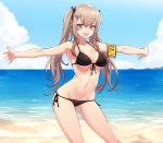  :d armband ass_visible_through_thighs beach bikini black_bikini blue_sky bow breasts brown_hair cleavage commentary_request contrapposto day girls_frontline hair_bow highres horizon large_breasts long_hair looking_at_viewer narynn navel open_mouth outdoors outstretched_arms outstretched_hand purple_eyes scar scar_across_eye side-tie_bikini sidelocks sky smile solo standing strap_gap string_bikini swimsuit twintails ump9_(girls_frontline) water wet wet_hair 