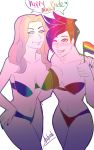  2girls bikini blush breasts cleavage collarbone couple emily_(overwatch) flag happy multiple_girls overwatch simple_background smile tracer_(overwatch) yuri 