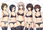  adjusting_bra adjusting_clothes akaboshi_koume arm_up ass_visible_through_thighs bangs bed_sheet black_bra black_eyes black_hair black_legwear black_panties blue_eyes bow bow_bra bow_panties bra breasts brown_eyes brown_hair chinese_commentary cleavage closed_mouth collarbone commentary_request crotch_seam eyebrows_visible_through_hair fingernails from_above garter_belt girls_und_panzer glasses green_eyes hand_on_own_face hands_on_stomach highres horizontal-striped_bra itsumi_erika lace lace-trimmed_bra lace-trimmed_garter_belt lace-trimmed_panties lace-trimmed_thighhighs layered_panties light_frown long_hair looking_at_viewer lying mauko_(girls_und_panzer) medium_breasts multiple_girls navel on_back on_bed open_mouth panties parted_lips print_legwear ritaiko_(girls_und_panzer) sangou_(girls_und_panzer) short_hair silver_hair smile srwsrx_(gp03dsrx) string_panties striped striped_bra striped_panties swept_bangs thigh_gap thighhighs underwear underwear_only 