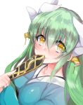  breasts dragon_girl dragon_horns fate/grand_order fate_(series) green_hair hair_between_eyes hair_ornament heart heart-shaped_pupils horns japanese_clothes kiyohime_(fate/grand_order) large_breasts looking_at_viewer mamemix multiple_horns solo symbol-shaped_pupils yellow_eyes 