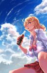  amaryllis blonde_hair blush bow bowtie breasts cleavage cloud coca-cola collarbone commentary day earrings gyaru hair_ornament hairclip highres jewelry large_breasts long_hair loose_bowtie miniskirt one_eye_closed open_clothes open_mouth ouga_saki outdoors skirt sky soda_bottle solo star star_earrings tdnd-96 virtual_youtuber 