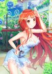  1girl armpit bare_shoulders blush breasts butterfly_hair_ornament cleavage dress grin hair_ornament large_breasts long_hair looking_at_viewer nobady orange_eyes orange_hair original shiny shiny_clothes shiny_hair shiny_skin smile solo very_long_hair 