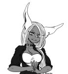  1girl animal_ears bodysuit boku_no_hero_academia bunny_ears cleavage collar crossed_arms dark_skin jacket long_hair miruko_(boku_no_hero_academia) monochrone muscle muscular_arms muscular_female solo 