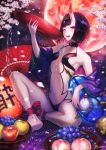  alcohol ankle_ribbon armpits bangs bare_legs bare_shoulders bibico-atelier black_hair bob_cut breasts choker collarbone cup eyeshadow fate/grand_order fate_(series) gourd hair_ornament highres horns japanese_clothes kimono looking_at_viewer makeup navel oni oni_horns open_clothes open_kimono purple_eyes purple_kimono ribbon sakazuki sake short_eyebrows short_hair shuten_douji_(fate/grand_order) sitting small_breasts spill straight_hair 