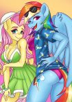  2017 5_fingers anthro big_breasts blue_feathers blush bow bracelet breasts bumblebun butt cleavage clothed clothing cute cutie_mark dress duo equine eyebrows eyelashes eyewear feathered_wings feathers female fluttershy_(mlp) friendship_is_magic fully_clothed hair hand_on_hip hat hi_res jewelry long_hair looking_at_viewer looking_back mammal multicolored_hair my_little_pony one-piece_swimsuit one_eye_closed open_mouth open_shirt open_smile pegasus pink_hair portrait pose presenting purple_eyes rainbow_dash_(mlp) rainbow_hair shirt smile standing sun_hat sunglasses swimsuit teal_eyes teeth thick_thighs three-quarter_portrait tongue wings wink yellow_feathers 