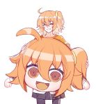  :d ahoge black_legwear blush chaldea_uniform closed_eyes commentary_request eyebrows_visible_through_hair fate/grand_order fate_(series) fujimaru_ritsuka_(female) hair_between_eyes hair_ornament hair_scrunchie mascot_costume mascot_head one_side_up open_mouth orange_eyes orange_hair orange_shirt pantyhose parody riyo_(lyomsnpmp)_(style) scrunchie shirt side_ponytail simple_background skirt smile solo style_parody sweat white_background yaoshi_jun yellow_scrunchie 