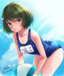  ball beachball blue_eyes blue_sky blue_swimsuit breasts cloud cloudy_sky collarbone day green_eyes green_hair haruhina0104 heterochromia idolmaster idolmaster_cinderella_girls looking_at_viewer medium_breasts mole mole_under_eye name_tag one-piece_swimsuit school_swimsuit short_hair sky solo sunlight swimsuit takagaki_kaede twitter_username 