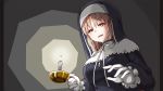  bangs blush breasts candle candlelight eyebrows_visible_through_hair fujita_758634 gloves habit highres large_breasts light_brown_hair long_hair looking_at_viewer nijisanji nun open_mouth sister_cleaire smile solo virtual_youtuber white_gloves yellow_eyes zipper zipper_pull_tab 