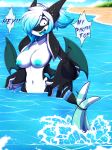 2018 ambiguous_gender anthro big_breasts blue_areola blue_hair blue_nipples breasts cetacean day dragon female hair huge_breasts hybrid mammal marine membranous_wings navel nipples nude orca outside partially_submerged penelope rainbowscreen sky whale white_hair wings 