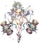  :d ahoge bangs bare_shoulders blue_eyes breasts cape cherry_blossoms claw_ring cleavage collarbone covered_navel crossed_legs daphnis destiny_child dual_wielding fang frilled_gauntlets frilled_legwear frilled_leotard frills full_body green_hair hair_between_eyes hammer head_wreath holding holding_hammer holding_weapon leotard looking_at_viewer medium_breasts open_mouth ornament petals pika_(kai9464) shoes short_hair simple_background single_thighhigh smile solo spikes standing thighhighs watson_cross weapon white_background white_cape white_legwear white_leotard winged_shoes wings 