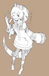  absurdres barefoot commentary_request enk_0822 fang greyscale highres hood hoodie kemono_friends leggings lizard_tail long_sleeves monochrome one_eye_closed original short_hair sidelocks solo star striped tail translation_request western_blue-tongued_skink_(kemono_friends)_(enk_0882) 