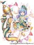  :d animal_ears bare_legs blue_hair bobby_socks bow bunny crown dress flower flower_knight_girl frills green_bow green_dress holding holding_staff kodemari_(flower_knight_girl) long_hair looking_at_viewer morinaga_kobato official_art open_mouth outstretched_hand pennant shoes simple_background smile socks solo staff twintails white_background wrist_cuffs yellow_eyes 