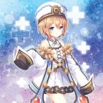  1girl bare_shoulders blanc blue_eyes brown_hair choujigen_game_neptune coat commentary cowboy_shot detached_sleeves dress fur_trim hat looking_at_viewer narinn neptune_(series) outline short_dress short_hair sleeves_past_fingers sleeves_past_wrists smile solo white_outline 