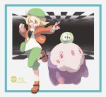  :d bag bel_(pokemon) blonde_hair clenched_hand gen_5_pokemon glasses green_eyes green_hat hand_up handbag hat highres holding holding_poke_ball jacket musharna nomura_(buroriidesu) open_mouth orange_footwear orange_jacket poke_ball poke_ball_(generic) poke_ball_symbol pokemon pokemon_(creature) pokemon_(game) pokemon_bw2 shoes smile solo solosis standing standing_on_one_leg 