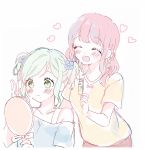  ^_^ alternate_hairstyle aqua_hair bang_dream! bangs blue_flower blue_shirt blush bra_strap closed_eyes collarbone comb eyebrows_visible_through_hair flower green_eyes hair_flower hair_ornament hairdressing hairstyle_switch hana_kon_(17aaammm) hand_mirror hand_up heart highres hikawa_hina holding_comb holding_mirror light_frown maruyama_aya medium_hair mirror multiple_girls off-shoulder_shirt open_mouth pale_color pink_hair shirt short_sleeves side_braids sidelocks sketch smile twintails white_background yellow_shirt 