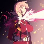  1girl beam belt between_breasts braid breasts coat commentary dd_(vktr4837) embers expressionless eye_beam fate/grand_order fate_(series) florence_nightingale_(fate/grand_order) gloves karna_(fate) miniboy mundane_utility pink_hair red_coat twitter_username white_gloves white_hair 