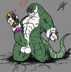  ! anthro balls big_balls big_penis bus claws cum green_scales grilder123 holding_object huge_balls huge_penis humanoid_penis kneeling macro macrophilia male muscular muscular_male nipples nude penis scales scalie simple_background stripes teeth toe_claws vehicle white_scales 